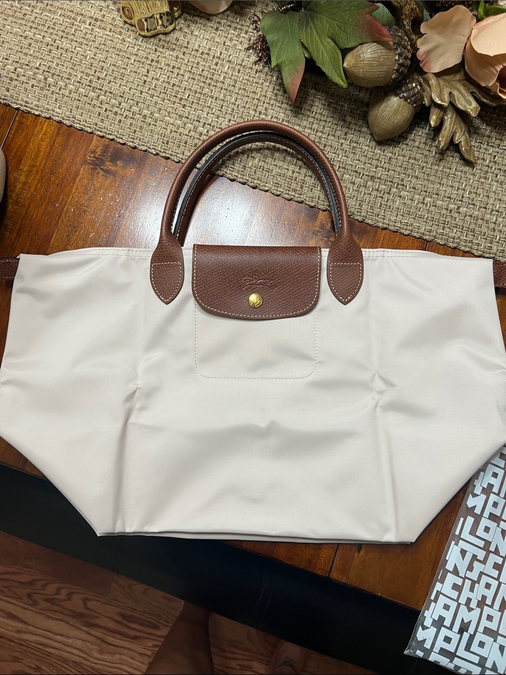 Longchamp Cream Tote with Brown Trim and Handles